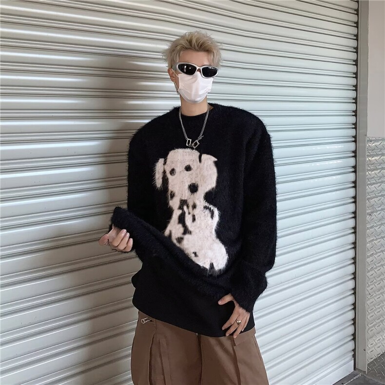 日系男装秋冬复古宽松慵懒风圆领条纹拼色休闲中性针织毛衣男图片