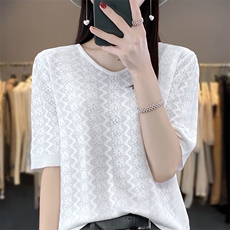 V领冰丝针织短袖T恤衫女2024夏季新款镂空提花半袖桑蚕丝打底上衣，女装针织衫/毛衣，欣美羊绒