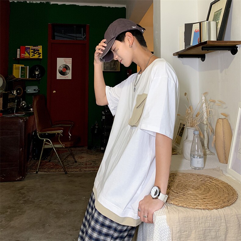 703-T182-P30夏季假两件休闲T恤下摆拼接,男装T恤,星座703