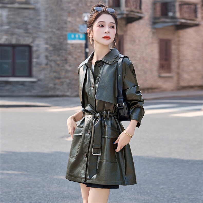 时尚收腰皮衣女2025秋装新款翻领修身显瘦中长外套,女装皮衣,英标秀（1C119）
