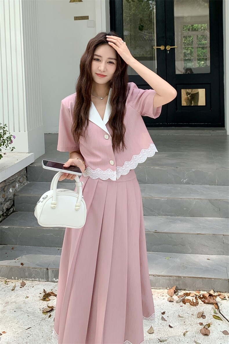 粉色氛围感时尚套装裙女2025夏新款蕾丝拼接上衣高腰半身裙两件套,女装套装/套裙,2C323