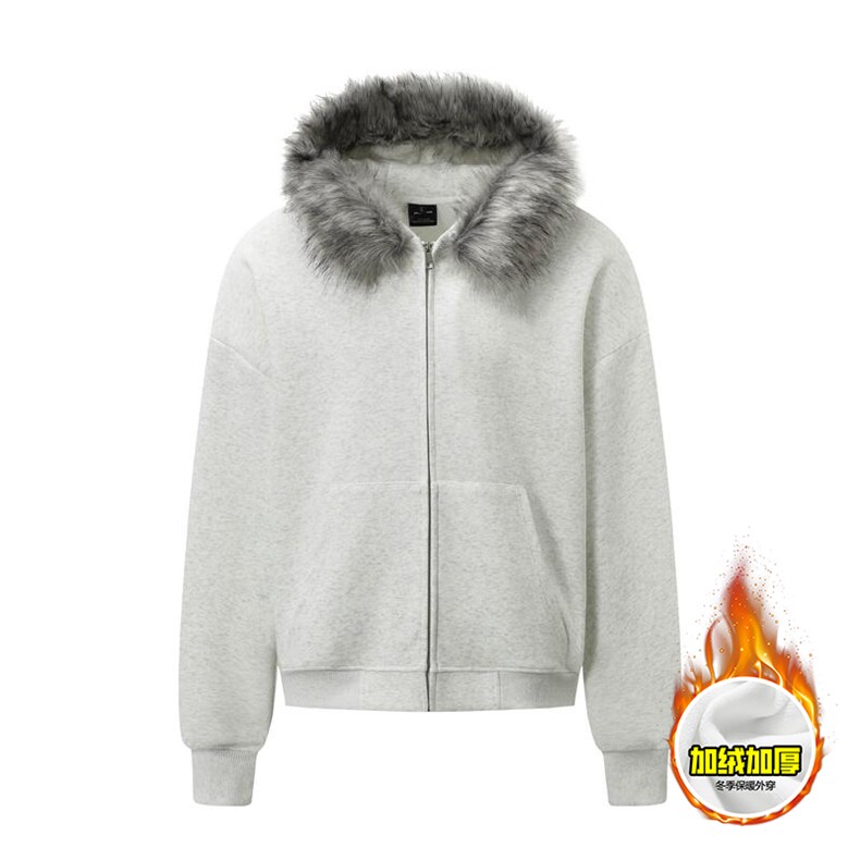 480G重磅加绒硬挺boxy秋冬美式高街超大毛领座山雕连帽卫衣厚外套，女装短外套，电商A486