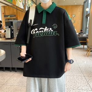 84060-P40polo衫夏季有领短袖t恤男宽松上衣青少年字母印花半袖,男生风衣能搭配板鞋吗图片