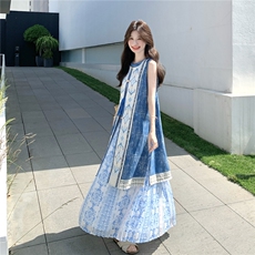 2025夏新款法式氛围感刺绣无袖马甲长裙两件套女休闲度假长款上衣，女装套装/套裙，2C133