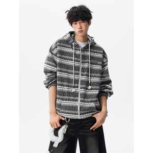 8XL-M 潮情侣美式磨毛编织条纹针织衫卫衣宽松拉链外套WY30P88图片