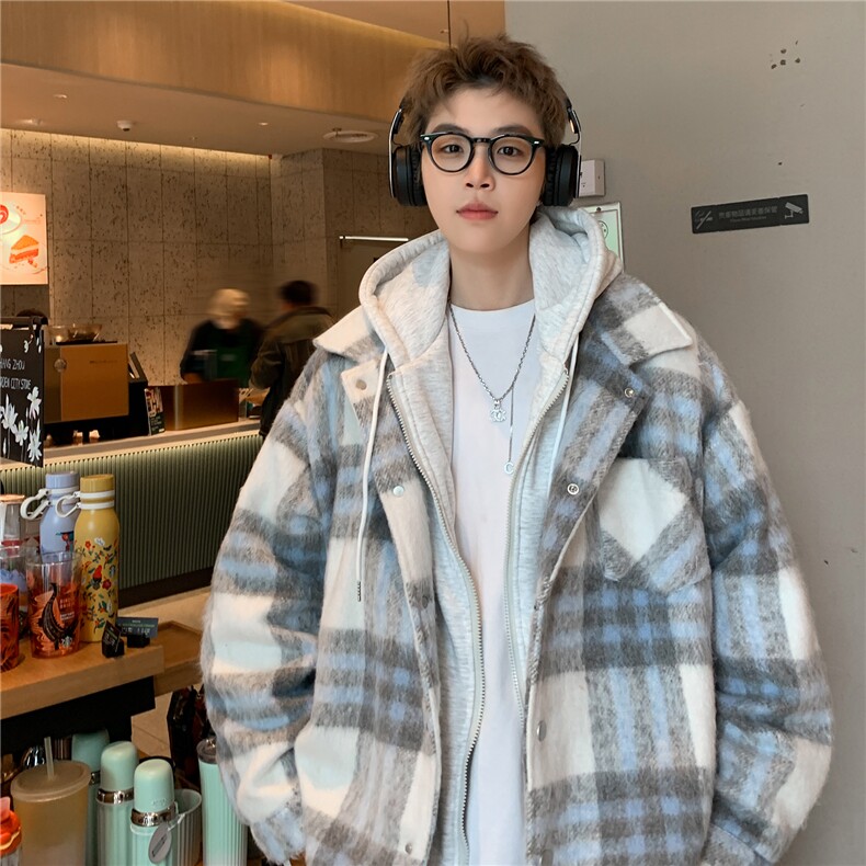 美式假两件格子外套男款秋冬新款潮加厚保暖连帽棉衣D335P118,男装棉衣,电商A335-1（原A458）
