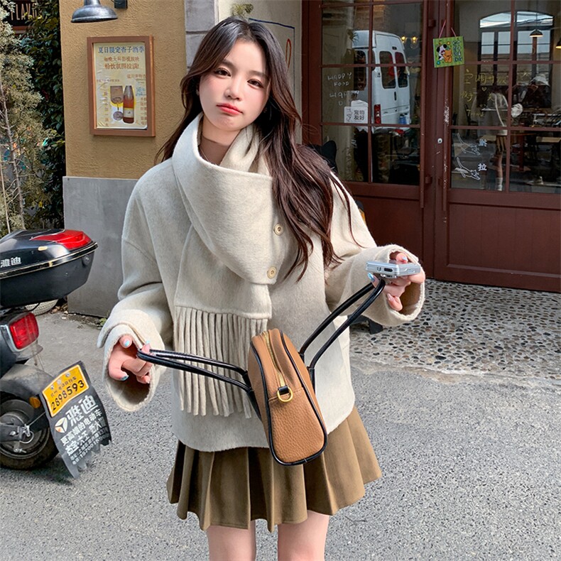 韩版保暖围脖双面羊绒呢子大衣女2025秋冬季新款显瘦短款毛呢外套,女装双面呢大衣,蝶眷