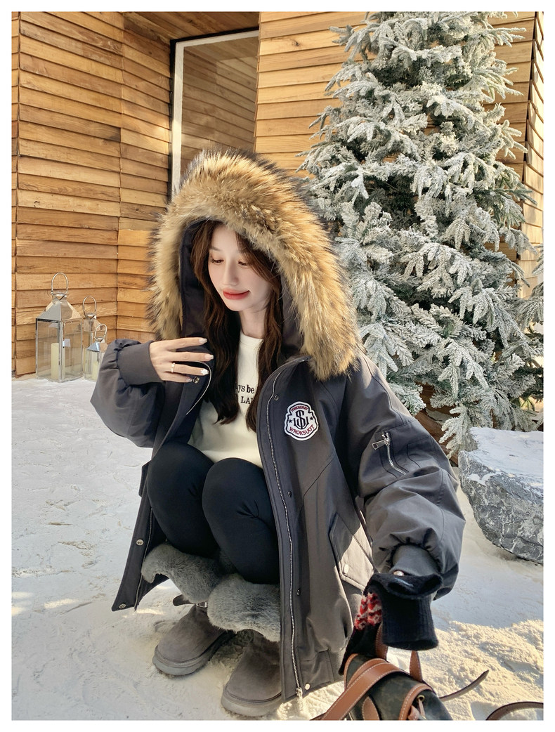 灰色连帽大毛领保暖派克服女2025冬新款洋气时髦工装外套，女装短外套，乔安迪