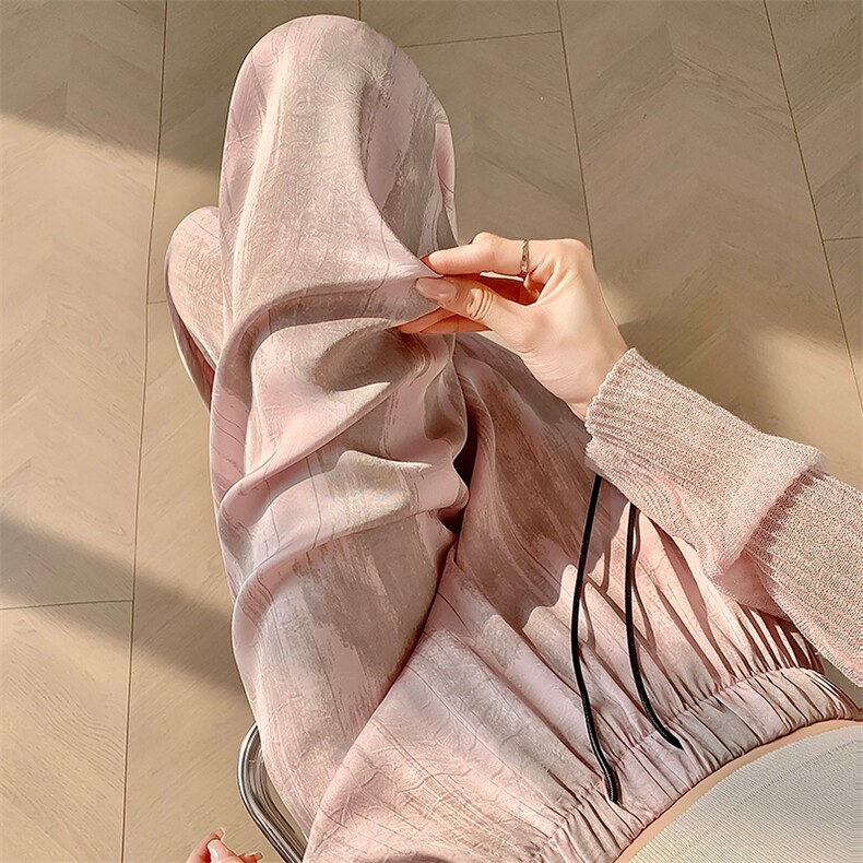 醋酸缎面冰丝扎染脏脏裤女夏季宽松直筒垂感拖地休闲阔腿裤子,女装休闲裤,梦白服饰厂