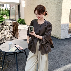 秋装新款皮衣外套休闲宽松版圆领袖口拼接格-2d075-p175-k235，女装皮衣，2D075
