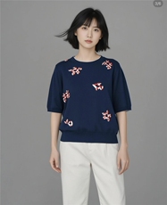 春夏精纺细支羊毛女提花圆领针织短袖宽松毛衣半袖T恤打底衫，女装针织衫/毛衣，绒默