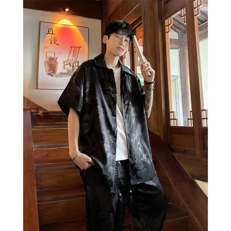 套装新中式衬衫短袖男港风提花帅2024夏季ins长裤两件套W5814-P72,男装衬衫,星座412-2