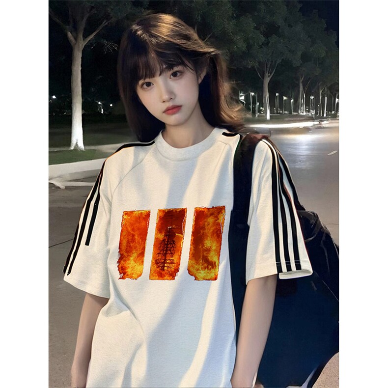 抖音得物高品质二开240克宽松纯棉美式潮牌三条杠织带短袖T恤,男装T恤,电商A486-1