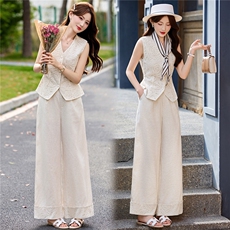 老钱风法式风V领蕾丝马甲阔腿裤两件套女夏显瘦淑女套装，女装套装/套裙，朵莱米