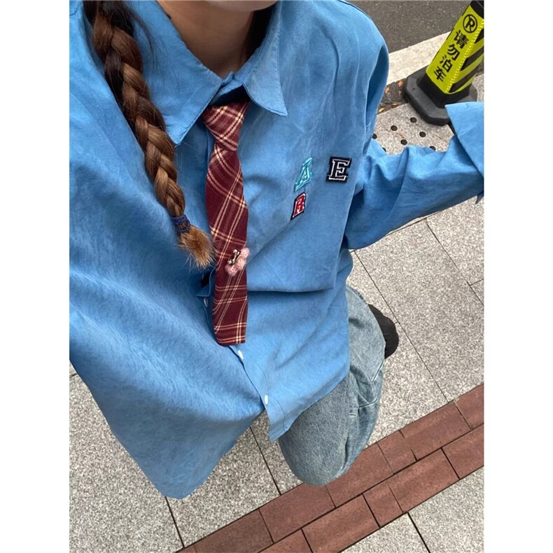 7023-P40潮流复古港风领带衬衫男女潮牌小众设计感休闲宽松长袖,男装衬衫,电商B323A