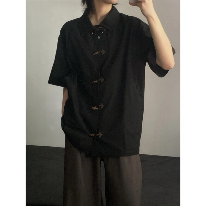 现货新风美式复古牛角扣小众设计感通勤风短袖衬衫J3387-P50,男装T恤,星座715-7
