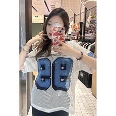 夏季镂空99大网眼球衣美式街头复古印花球服短袖t恤男女夏季，男装T恤，星座1210-1