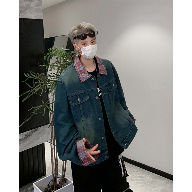 红格纹拼接牛仔外套男春秋款街头潮痞帅宽松情侣夹克JKN1238-P78,男装夹克,星座302B-2