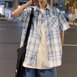 夏季薄款短袖格子衬衫男复古ins港风宽松长袖 CW1097图片