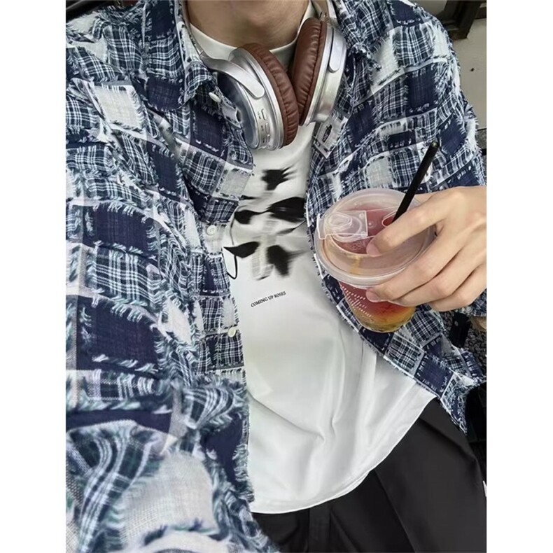 刮烂流苏格子长袖衬衫男女春季风慵懒复古翻领衬衣外套CE12，男装衬衫，星座1116A（原606A-3）