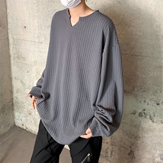 港风日系复古提花慵懒风宽松V领套头长袖T恤XZ213-V001-P35控48，男装T恤，星座213
