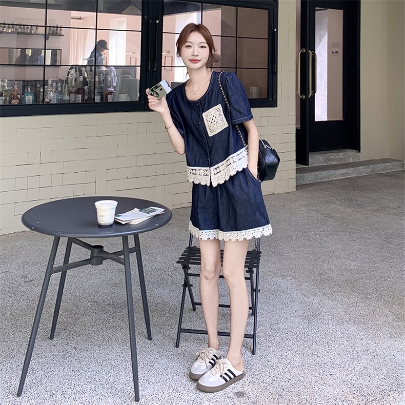 现货2D078-T2063-P145K198蕾丝拼接牛仔套装短裤两件套,女装套装/套裙,2D078