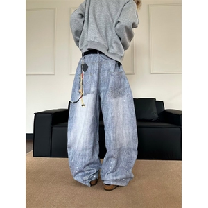 港风潮男夏季新款2025个性牛仔裤嘻哈ins潮高街潮流痞帅长裤图片