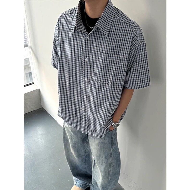 网图有货美式休闲格纹短袖衬衫男宽松百搭棉感格子衬衣A689-P35,男装衬衫,星座1505