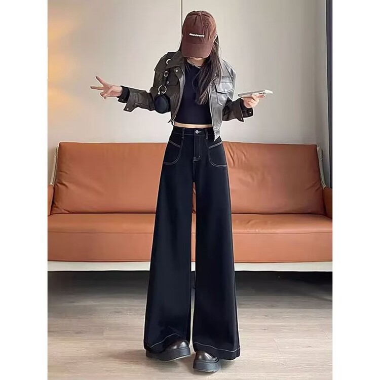 宽松黑色微喇牛仔裤女2025年秋冬新款美式复古高腰加绒弹力阔腿裤,男装牛仔裤,星座218-8