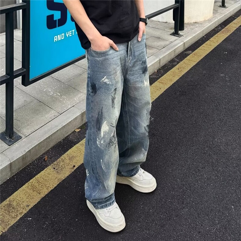 美式潮牌做旧扎染牛仔裤男款夏季高街痞帅筒阔腿长裤A2127-P52,男装牛仔裤,星座208-5