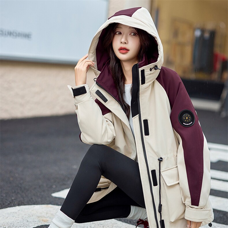 时尚拼色加绒加厚派克服外套女2025冬新款休闲连帽工装冲锋衣棉服，女装派克服，凯瑟曼