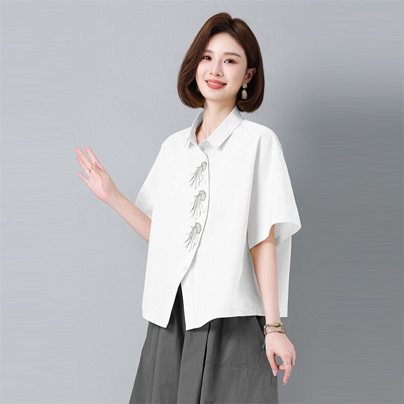 新中式刺绣衬衫女夏季新款妈妈休闲遮肚子显瘦阔腿裙裤，女装衬衫，秋牧寒烟