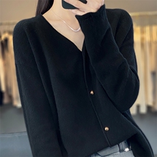 100%纯羊毛开衫女V领秋冬季花边针织外套毛衣宽松纯色羊绒衫外搭，女装羊毛衫，绒汀羊绒