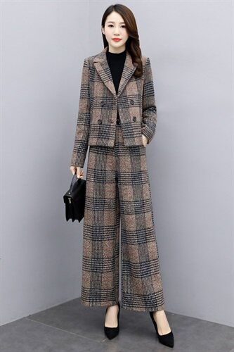 2024新款女装冬两件套裤大码格子毛呢外套阔腿裤休闲时尚套装女潮，女装套装/套裙，香莘料