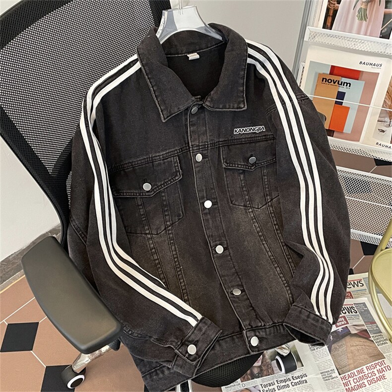 F122-P64春季新款条纹拼接翻领牛仔夹克男潮牌运动风宽松外套,男装夹克,星座512-6