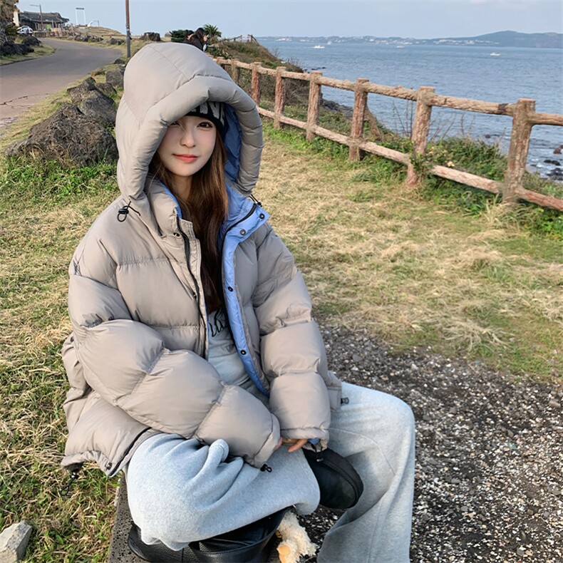 休闲灰色连帽短款泡芙羽绒服女冬超火好看高级小众加厚面包服外套，女装羽绒服，浙宝285（原212）