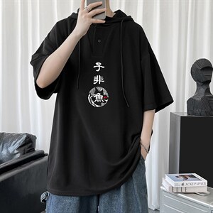 LD54070-P45 连帽短袖t恤男大码胖子带帽五分袖中袖图片