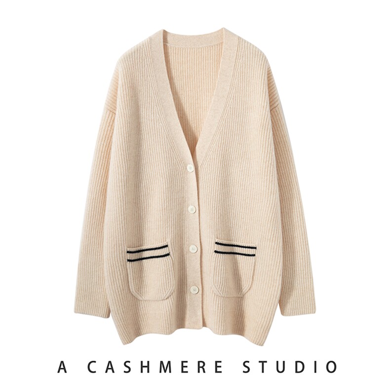 气质时尚潮流秋冬季新款百搭拼色V领显瘦简约外穿羊绒开衫，女装羊绒衫，启东羊绒