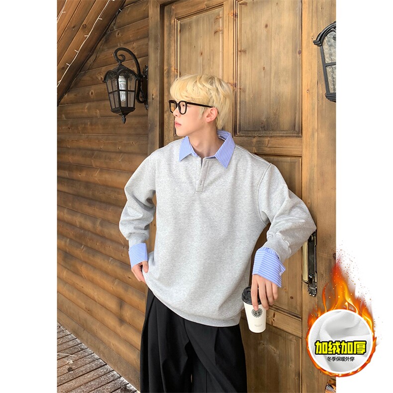 重磅加绒硬挺boxy男女美式高街假两件衬衫领长袖卫衣POLO领打底衫，男装T恤，电商A486