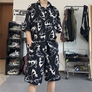 美式沙滩翻领泼墨短袖衬衫男夏季短袖短裤两件套设计感TZ103-P43图片