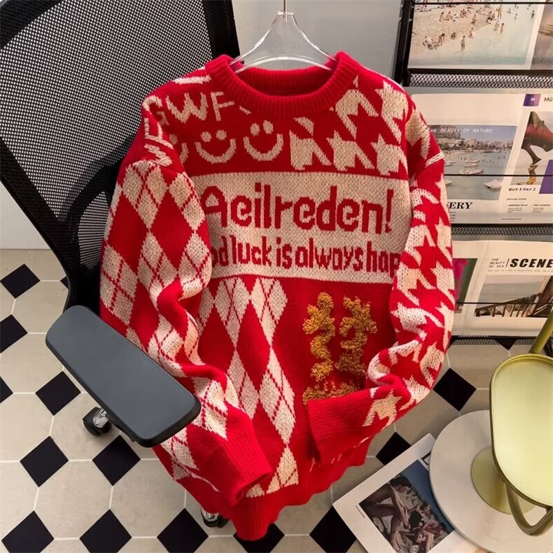 美式慵懒风毛衣男本命年感情侣高街上衣冬潮宽松复古针织衫P48,男装针织衫/毛衣,四季星座218-1