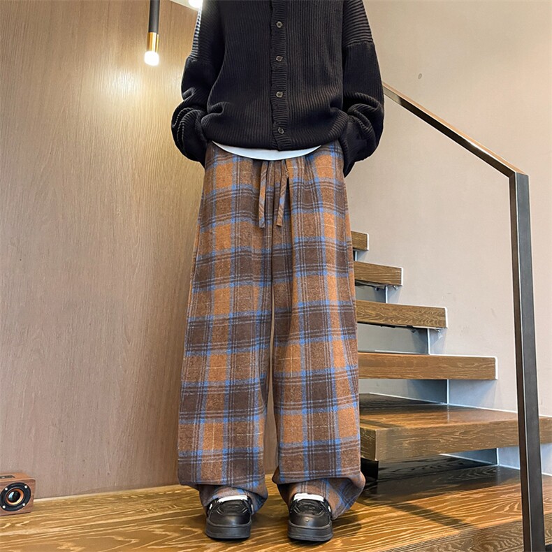 8XL-M美拉德格子毛呢休闲裤美式复古大码慵懒宽松阔腿裤KZ1932P55，男装休闲裤，电商B238