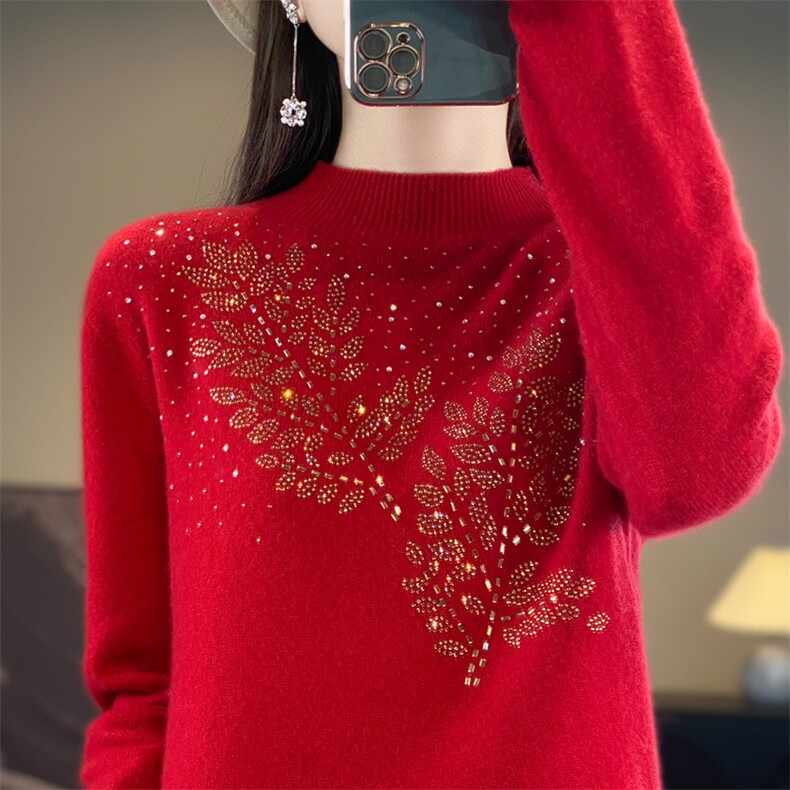 2024年秋季通勤新款百搭羊毛纯毛一线成衣新年红羊毛衫女,女装羊毛衫,大美人高端店
