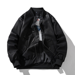 现货 黑色PU皮棒球服外套秋冬棉服带帽可拆卸图片