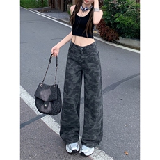 1506/Q88090/P43美式迷彩牛仔裤男女高腰宽松显瘦工装拖地阔腿裤，男装牛仔裤，星座1506