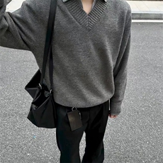 重磅北极绒假两件衬衫领毛衣美式高街复古休闲慵懒纯色翻领针织衫，男装针织衫/毛衣，电商A486-1