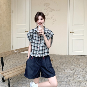 慵懒风休闲显瘦减龄套装女2025夏新款格子衬衫上衣牛仔短裤两件套图片