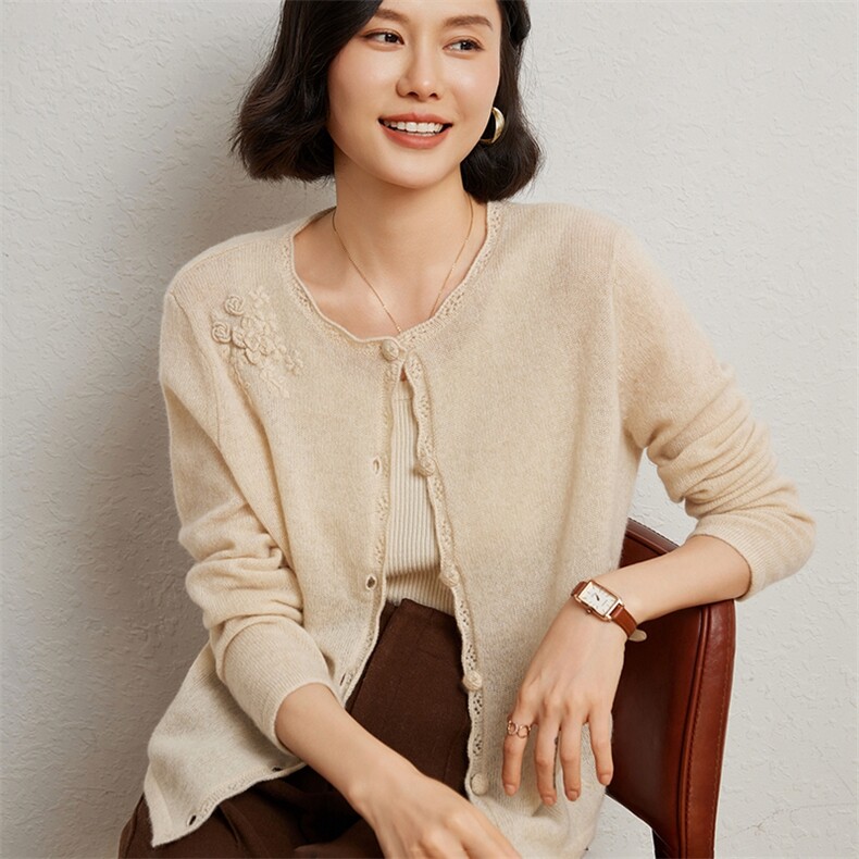 时尚潮流羊毛2024年秋季山羊绒12G天丝羊绒绣花羊毛开衫,女装羊绒衫,臻维羊绒