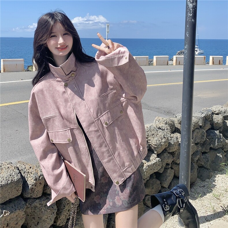 粉色扎染撞色拼接翻领工装外套女2025秋季小个子宽松休闲酷飒夹克,女装短外套,2C113