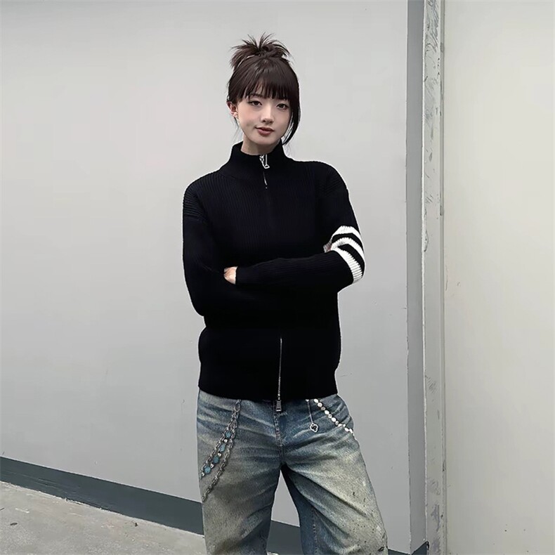 重磅秋冬北极绒开衫毛衣美式复古休闲慵懒风男女立领针织衫外套,男装针织衫/毛衣,电商A486-1